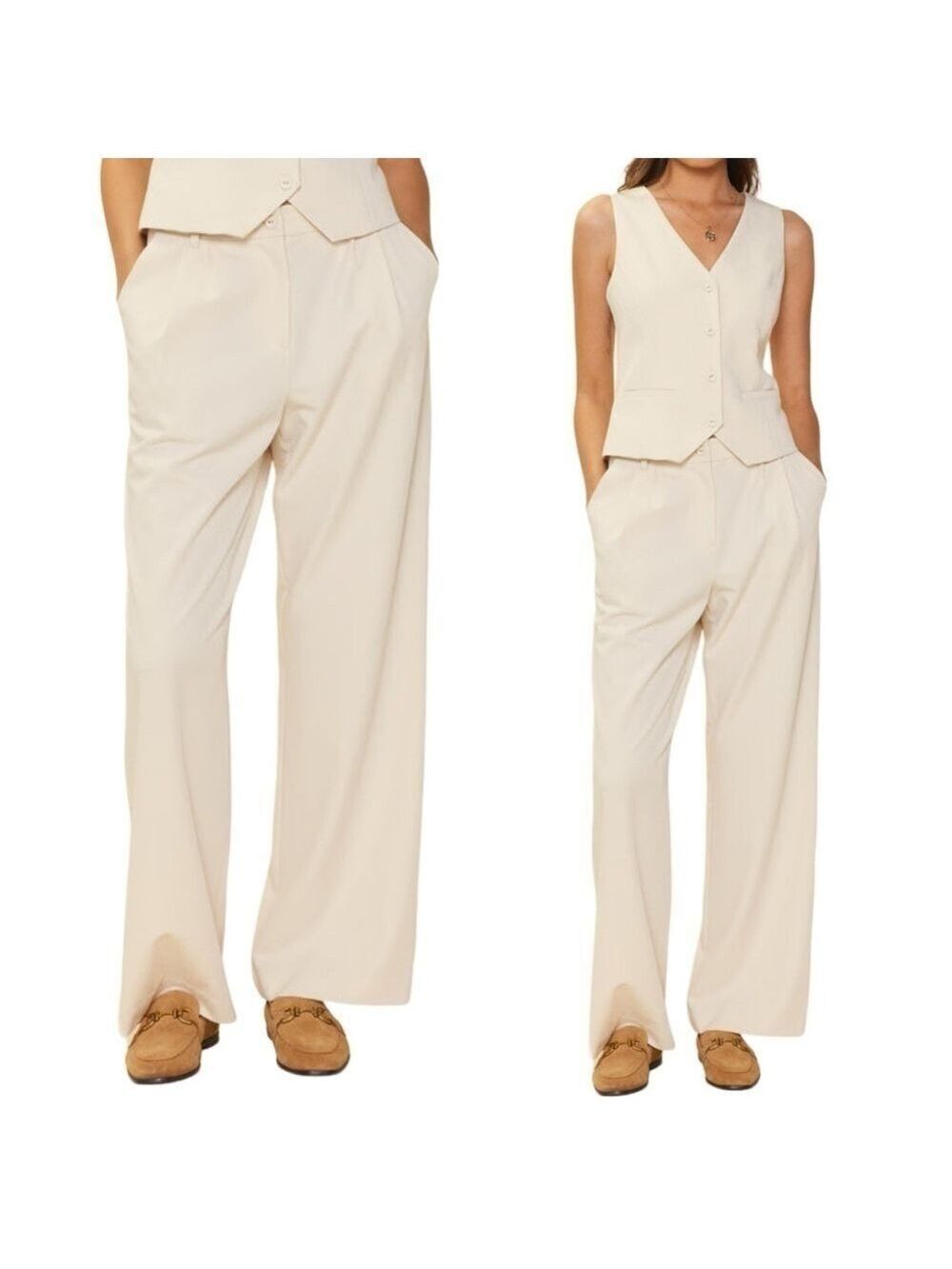 Skies Are Blue Pleated Front High Rise Wide Leg Cream Neutral Trousers